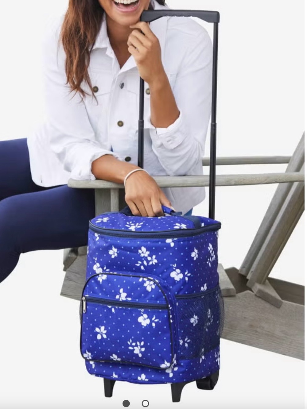 Blue Floral Rolling Tote Bag with Telescoping Handle